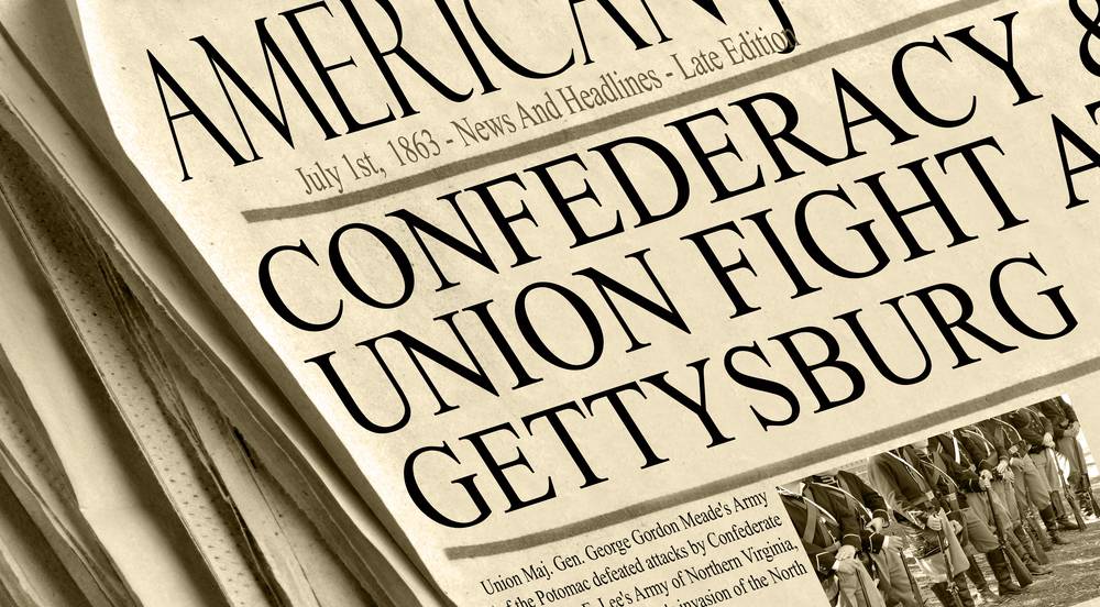 Newspaper headline sharing about Gettysburg battle